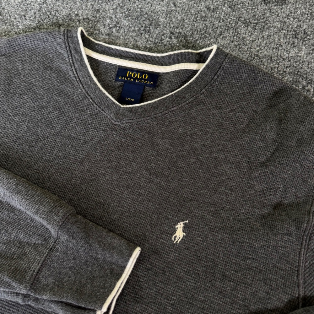 Polo Ralph Lauren Waffle Knit Thermal Mens Large Crew Neck Cotton Grey Shirt